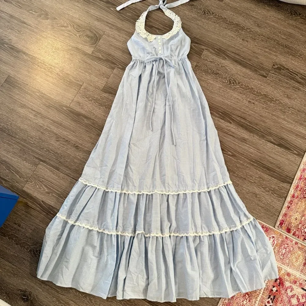 Vintage Jody T of California Blue White Gingham Halter Dress